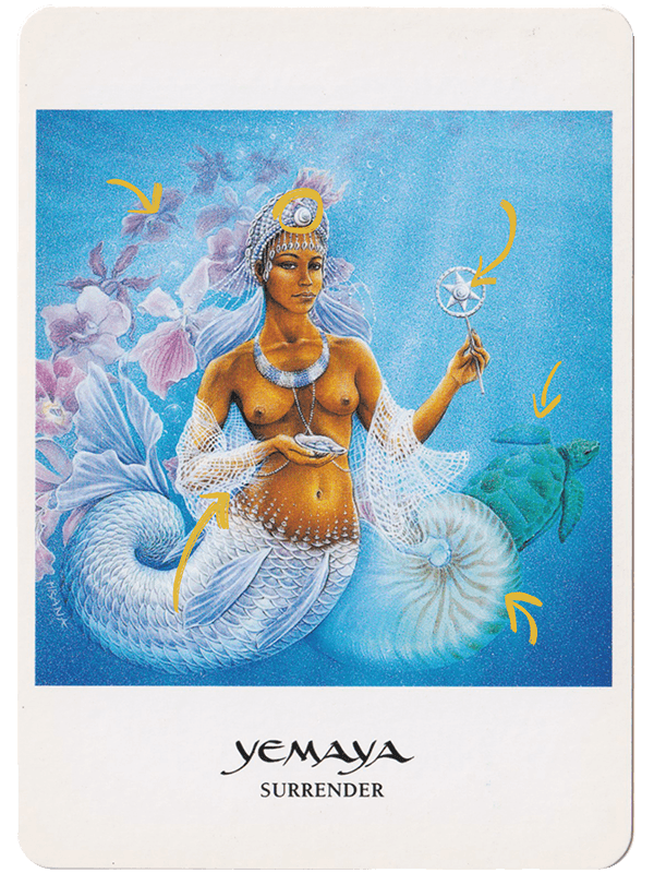 The Goddess Oracle cards by Amy Sophia Marashinsky features an illustrated Yemaya, a green turtle, a nautilus and orchid flowers. The card has the words Yemaya and Surrender written on it and yellow drawn circles over card clues.