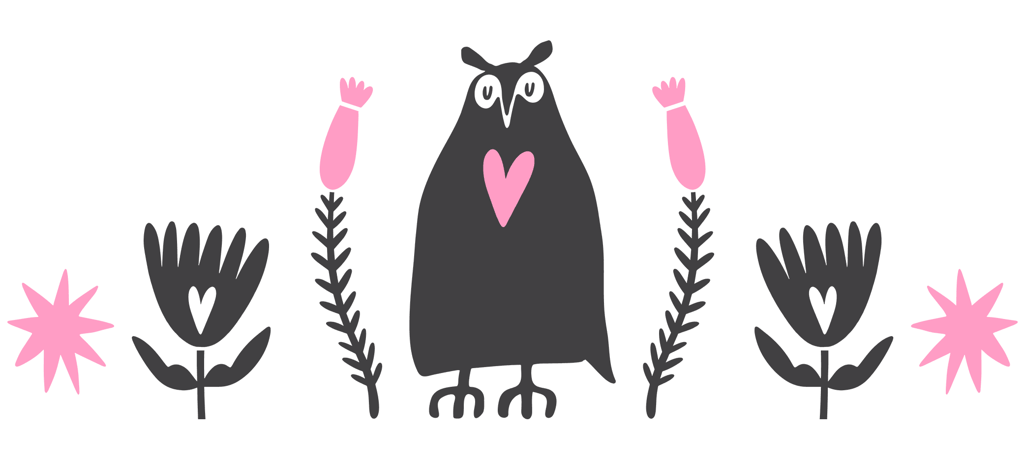 bakkehus vector illustration containing two pink stars, two flowers with a white love heart in their petals, two tall pink and black floral stems, and a happy-looking owl with a pink heart in the centre of its chest