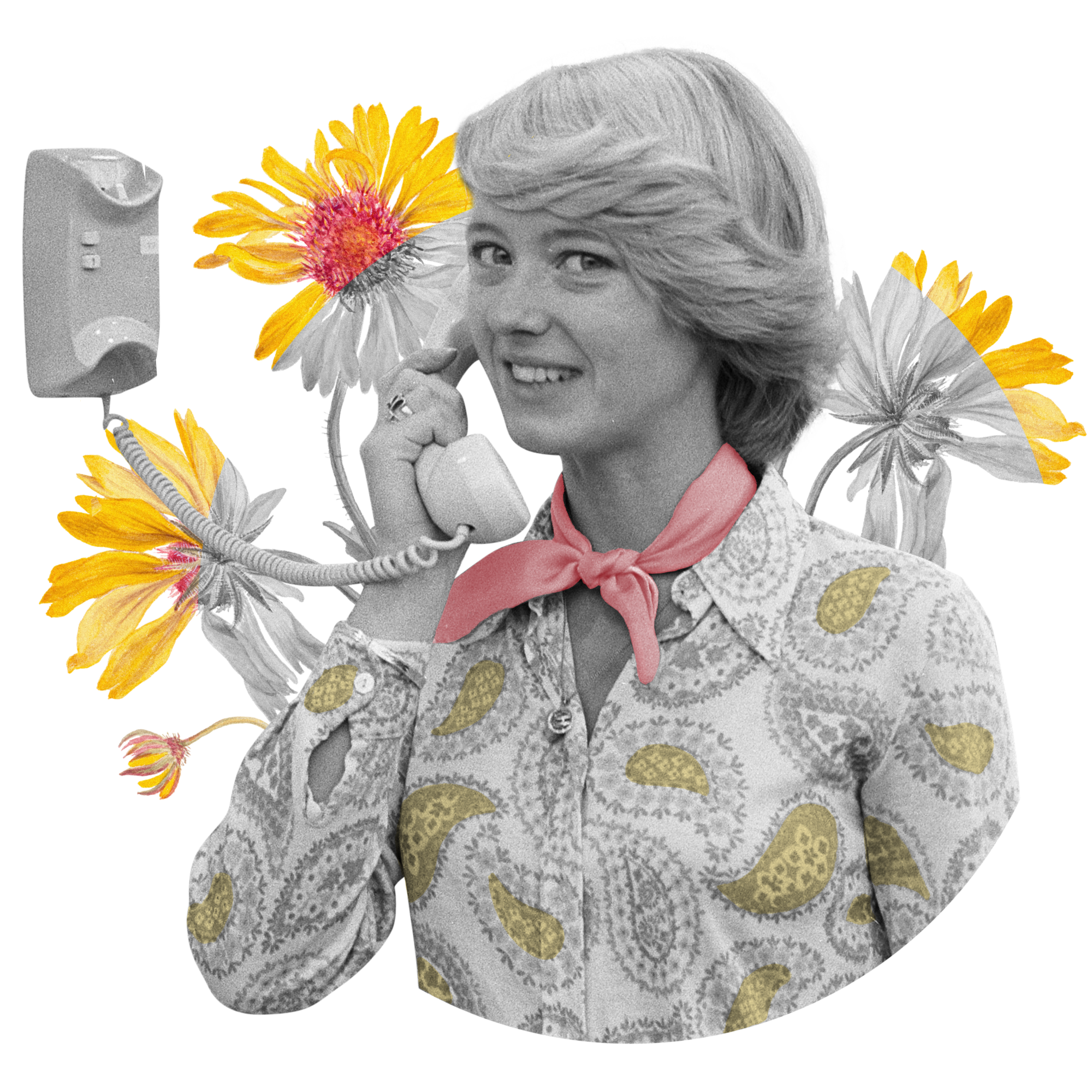 A collage image using a 1970' image of a woman speaking on a phone mounted to the wall. She is wearing a paisley blouse and neck scarf. She is surrounded by yellow illustrated flowers. Image is by bakkehus.com.au